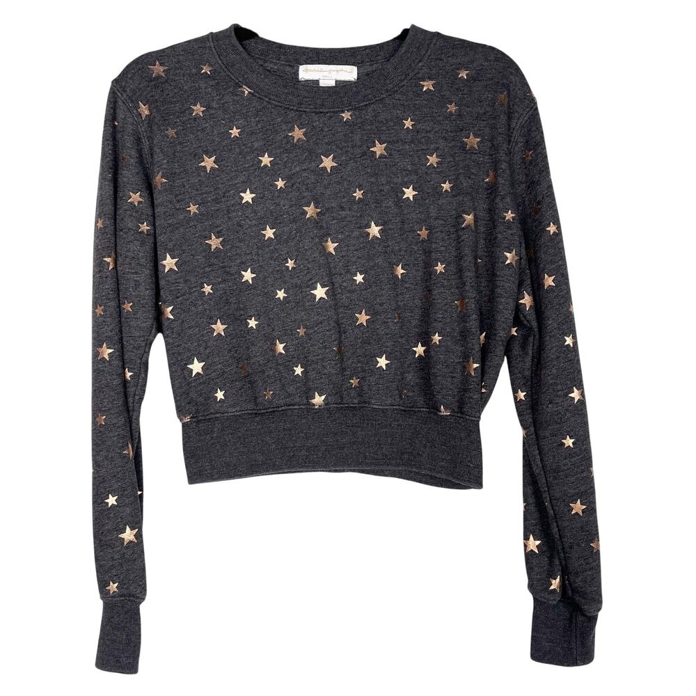 Spiritual Gangster XS Gray Gold Starry Vibes Metallic Star Cropped Sweatshirt